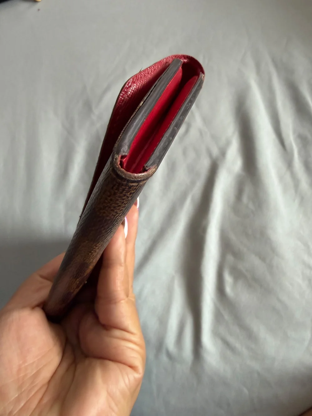 Louis Vuitton Brown Damier Check Long Wallet with Red Snap